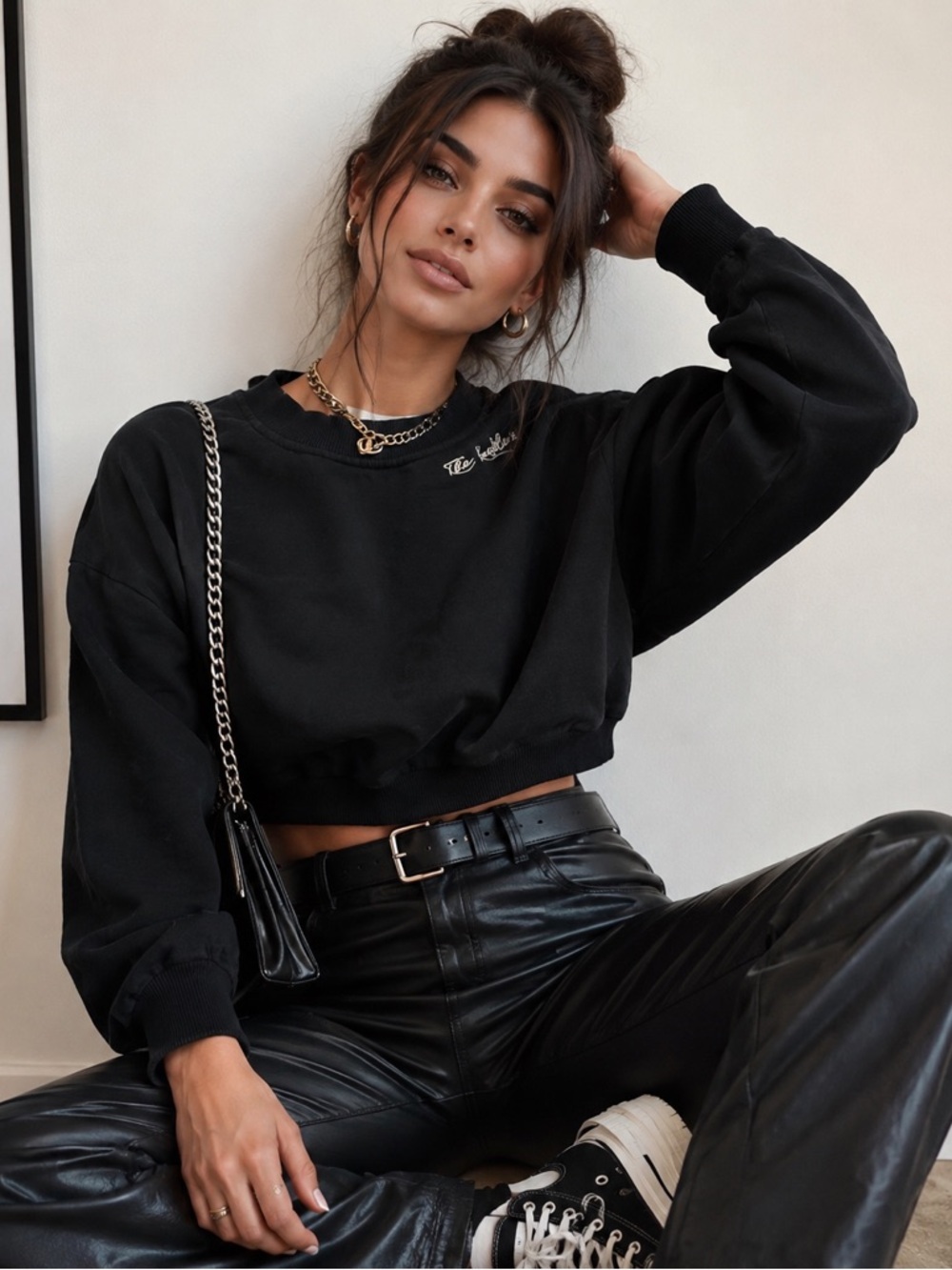 The Kooples Paris Black Cropped Crewneck Sweatshirt with Script Logo